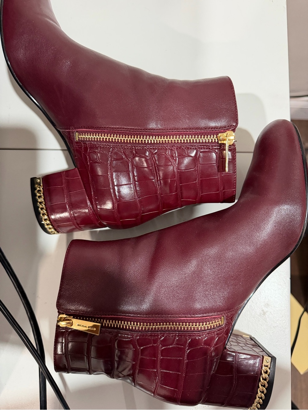 Michael Kors Burgundy Croc-Detail Block Heel Ankle Boots with Gold Chain - Picture 6 of 11